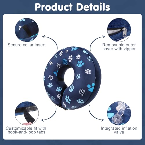 Image of BEAUTYZOO Dog Cone Alternative After Surgery for Large Medium Small Dogs, Soft Inflatable Cone Collar for Dogs Cats, Pet Neck Donut E Collar Dog Recovery Collars to Stop Licking, Navy Blue Paw L