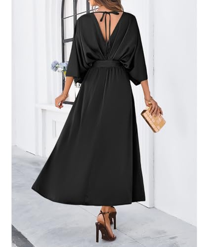 Image of SEMATOMALA Women's Satin Batwing Sleeve Cocktail Evening A Line Long Dress V Neck Ruched Loose Maxi Dress