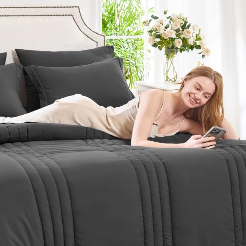 Image of CozyLux Oversized King Comforter Set Dark Grey - 7 Pieces Bed in a Bag, Modern Vertical Quilted Room Decor, Soft All-Season Bedding Gift with Comforter, Sheets, Pillowcases & Shams