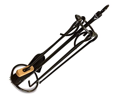 Serviteur cheminée acier avec anneau supérieur | 4 accessoires | Socle + pelle + balayette + tisonnier + pince | Kibros 4SC0033