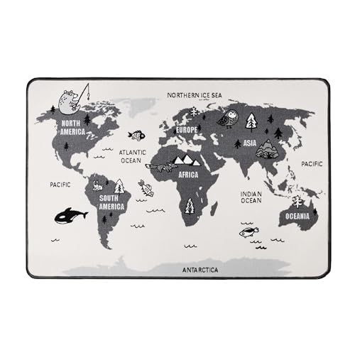 Spielteppich für Kinder - RETRO Weltkarte, 100x150 cm, Grau-Schwarz-Weiß, Pflegeleicht,...