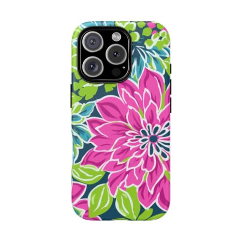 Coque iPhone 16 Pro motif floral lumineux rose et bleu