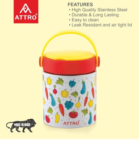 Image of ATTRO Happy Go Vacuum Insulated ISI Certified Stainless Steel Soup Jar 500ml, Leakproof, Long Temperature Retention for Kids & Adults,Ideal for School,Office,Picnic & Travel - Fruity Veggie Fun Yellow