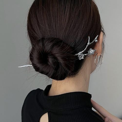 Image of S.A.V.I Silver Cherry Blossom Hair Stick for Women | Elegant Chinese Style Metal Hairpin | Unique Floral Branch Design Hair Accessories for Buns & Hairstyles | Traditional & Modern Look