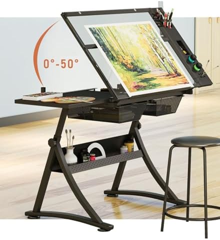 Drafting Workstation with Stool Artist Desk Adjustable Height(