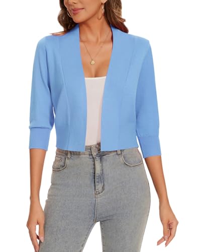 Image of Women 3 /4 Sleeve Cropped Cardigan Lightweight Casual Open Front Bolero Shrug Sweaters