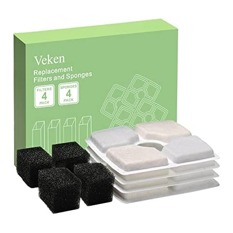Veken 4 Pack Replacement Filters & 4 Pack Replacement Pre-filter Sponges for Automatic Pet Fountain Cat Water Fountain Dog Water Dispenser Cover