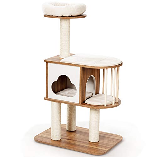COSTWAY Wooden Cat Tree, Cats Climbing Tower with Condo, Sisal Scratching Posts and Washable Cushions, Indoor Kitten Activity Furniture Play House (117cm Tall, Natural)