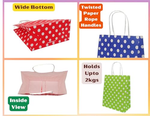 Image of RanGit Bhumi Gift Bags- 10 pcs 8x4x10 inch Polka Dots Small Paper Bags with Handles, Party Favor Candy Goodie Treat Bags, Paper Carry Bags for Birthday, Wedding, Baby Shower Return Gifts (Small-Polka Dots, Pack of 10)