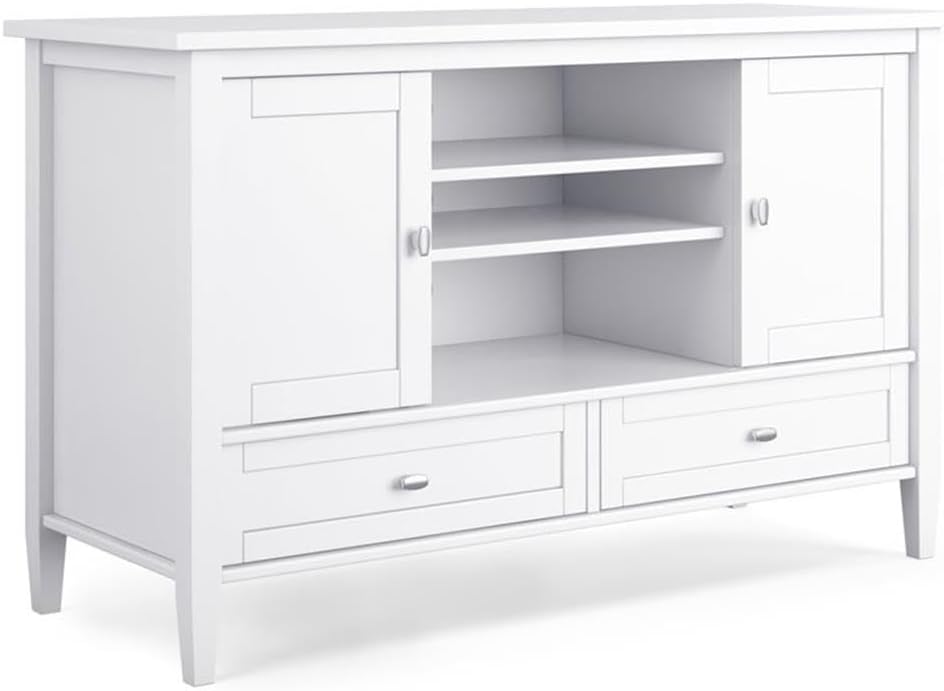 Pemberly Row 47" Transitional Wood TV Media Stand, White Painted Finish, for TVs Up to 50", Adjustable Shelves, Storage Drawers, Cord Management, Rustic Shaker Style Living Room Entertainment Stand