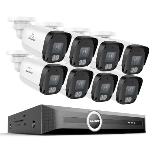SANNCE Système de Caméras de Surveillance 5MP POE, NVR 4K 8CH avec Détection des Humains/Véhicules, Caméras Extérieures IP67, Accès à Distance (8 Caméras+NVR)