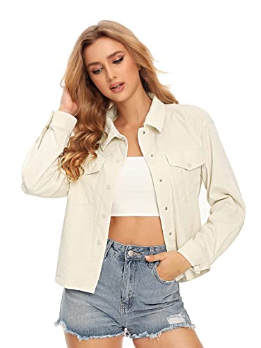 Shein Women's Corduroy Button Down Fall Jacket Long Sleeve Drop Shoulder Outerwear With Flap Pocket Apricot Large #TOP9
