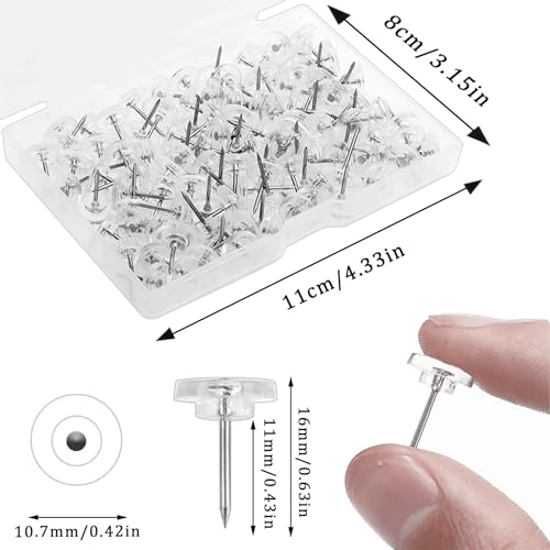 REDANHA 100PCS Clear Push Pins, Standard Plastic Clear Thumb Tacks Steel Point and Head Pushpins Transparent Flat Push Pins for Cork Board, Wall Hanging, Bulletin Board and Crafts