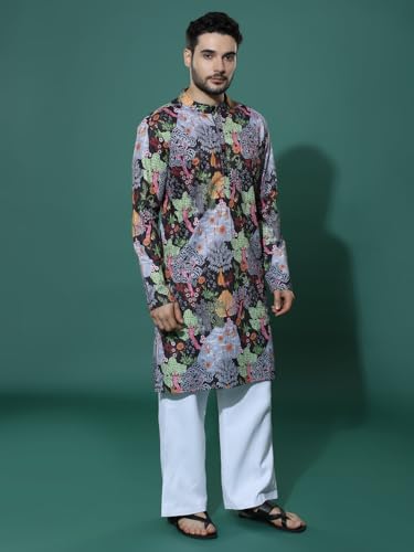 Greciilooks Men's Cotton Solid Regular Fit Kurta Set (Gl-M154&Mp105_Charcoal_L)