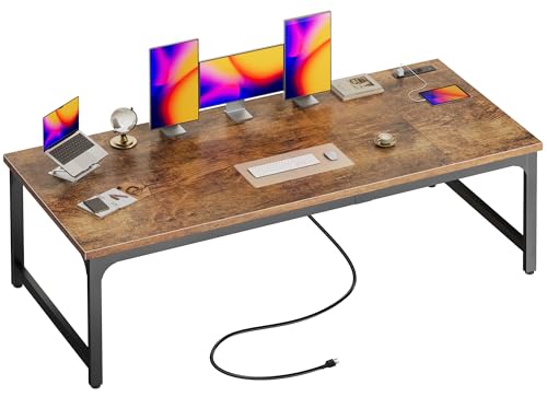 Image of Huuger 71 x 31.5 Inch Desk with Power Outlets & USB-C, 0.95 Inch Thicker Desktop, Robust Metal Tubes, Deep Computer Desk, Heavy Duty Office Desk, Work Desk for Home Office, Rustic Brown