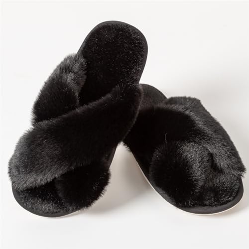 Image of Women's Cross Band Fuzzy Slippers Fluffy Open Toe House Slippers