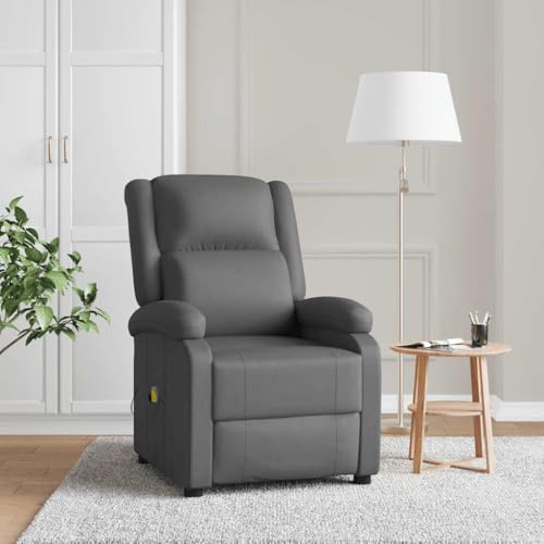Kaloriko Sillón de masaje gris de piel sintética con masaje vibratorio de 6 puntos, respaldo y reposapiés ajustables manualmente, 70 x 93 x 98 cm, cómodo acolchado para salón, oficina, relajación