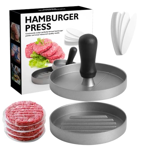 LUPATDY Presse à hamburger, avec revêtement anti-adhésif, avec 100 feuilles de papier sulfurisé, presse à hamburger, presse à hamburger, presse à hamburger, presse en métal 12 cm