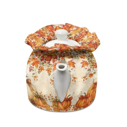 Image of Fall Bow Tea Cozy Cover Insulated Dust Cover for Teapot Black Cat Tea Pot Covers for Keeping Warm Kettle Protector Covers Washable Portable Party Decoration