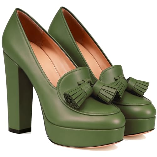 Image of SHODENSE Women Vintage Chunky Platform Loafers Pumps Tassel Round Closed Toe Slip On Suede Block High Heel Dress Loafer Shoes Buckle Strap Oxford Loafers Fringe Pump Dressy Chic Sexy Y2k 4-11 M US
