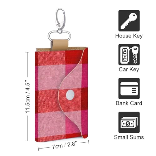 Pink And Vibrant Red Squares Pattern Key Holder Bag PU Leather ID Card Holder Keychains Case Cover for Men Women2