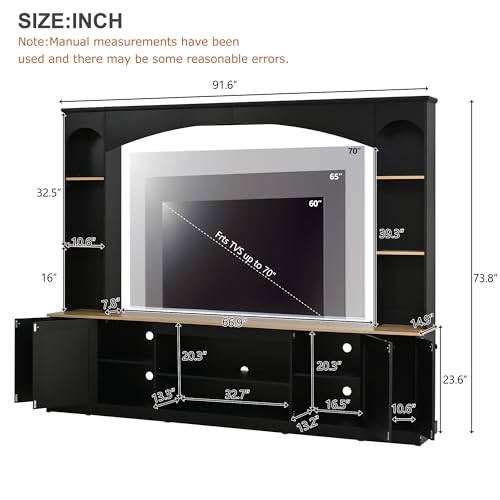 Image of JIJIWANG 91 inch Arched Entertainment Center with Bookshelf for TVs Up to 70 inch, Large Wall Unit Tv Stand with Storage Adjustable Shelves Doors for Living Room Black