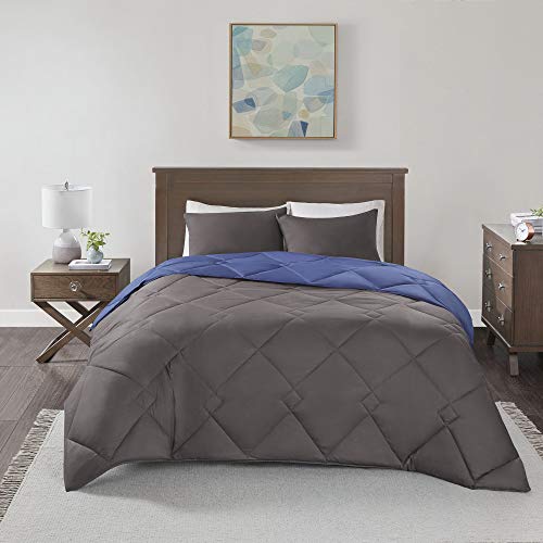 Comfort Spaces Vixie Reversible Comforter Set - Trendy Casual Geometric Quilted Cover, All Season Down Alternative Cozy Bedding, Matching Sham, Navy/Charcoal, Full/Queen 3 Piece #TOP4