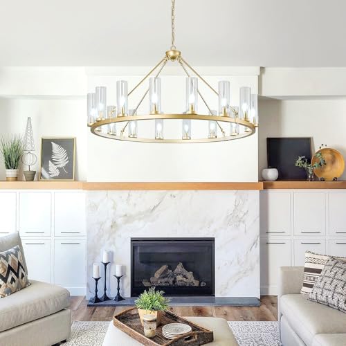 Image of 16 Light Large Wagon Wheel Chandelier with Clear Glass Shade Gold Round Pendant Light Farmhouse Industrial Chandeliers Dining Room Light Fixture for Stair Living Room Foyer Kitchen