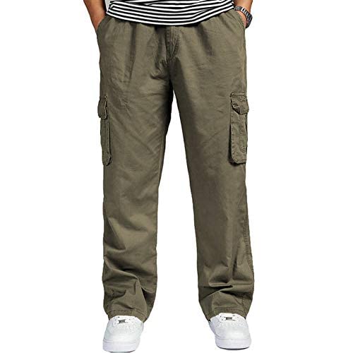 Image of REOUTLOOK Men's Regular‑Fit Cotton Cargo Pants - Elastic Drawstring Waist, 5 Pockets, Breathable Everyday Casual Trousers