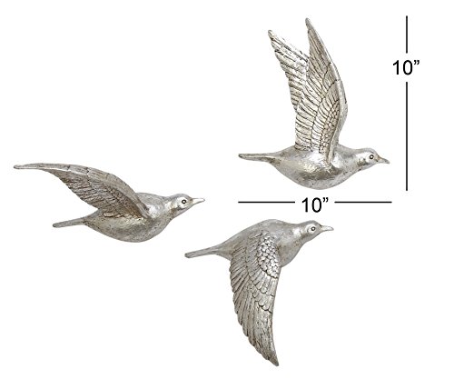 Deco 79 Polystone Bird Home Wall Decor Metallic 3D Sculpted Wall Sculpture, Set of 3 Wall Art 10", 9", 9"H, Silver