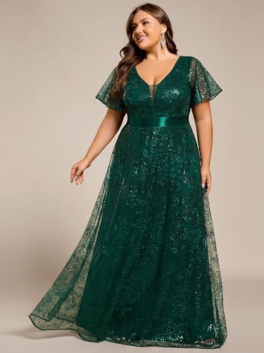 Ever-Pretty Plus Women's V Neck Embroidered Sequin A Line Ruffles Sleeves Plus Size Evening Dresses Ball Gowns 02314-DA4