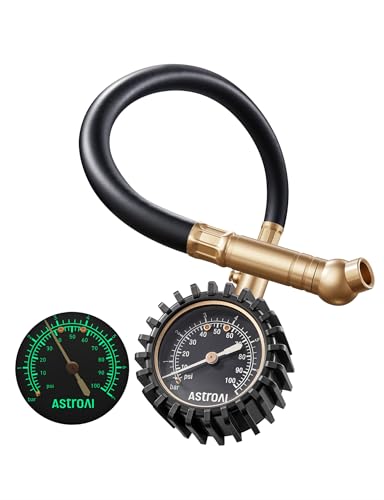 AstroAI Heavy Duty Tyre Pressure Gauge, 100 PSI Certified ANSI B40.1 Accurate with Large 2' Easy Read Glow Dial, Durable Rubber Hose and Solid Brass Construction for Car Truck Motorcycle