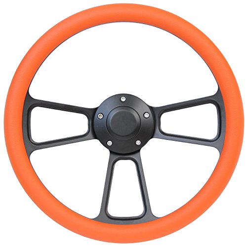 Black Boat Steering Wheel 14 Inch Aluminum With Orange Vinyl Half Wrap, Horn Button, and Installation Adapter