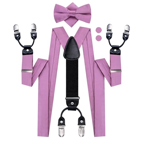 Image of Hi-Tie Light Purple Suspender Bowtie for Men Adjustable Y-Shape 6 Clips Trouser Braces Pre-Tied Bow Tie with Handkerchief Cufflinks