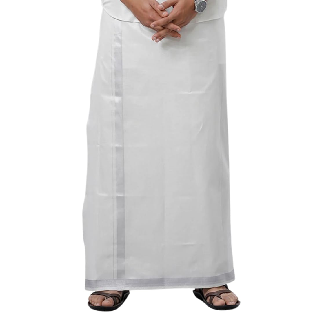 Adjustable White Cotton Dhoti with Silver Jari Border, Velcro Fit (28 to 44 Inches), for Mens-picture-49