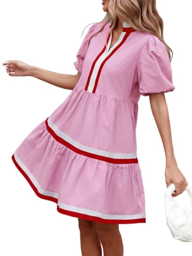 Image of LifeShe Womens Puff Sleeve Babydoll Dress V Neck Navy Blue Striped Color Block Tiered Mini Dresses