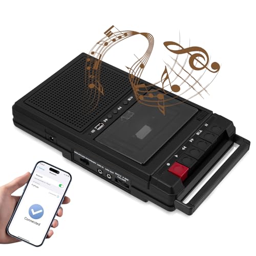 Bluetooth Cassette Player,Cassette Tape Player Converter for Cassette to MP3 Music via USB Disk/SD Card/PC,Cassette Recorder via Mic to Record Cassettes/USB/SD Card with Headphone Jack
