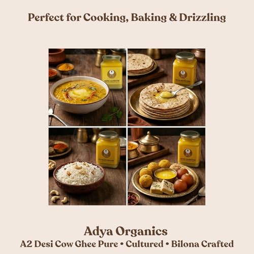 Image of Adya Organics A2 Ghee - 100% Pure Desi Cow Ghee, Chemical Free, Cultured. Bilona Method, Rich in Healthy Fats, Ideal for Cooking & Spreading, 400ml