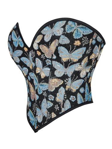 Blue Butterfly Pattern Corset Top for Women Floral Bustier Lace Up Boned Overbust Lingerie Bodyshaper2