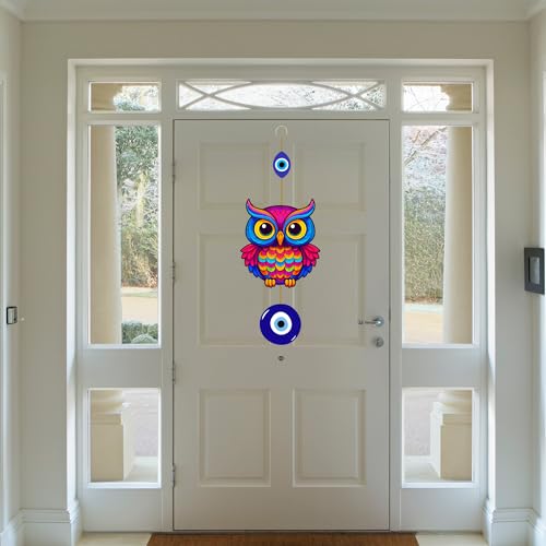 Image of Genxtra Colorful Owl Evil Eye Wall Hanging - Vibrant MDF Decorative Art for Home, Living Room & Balcony | Protection & Positive Energy Wall Decor