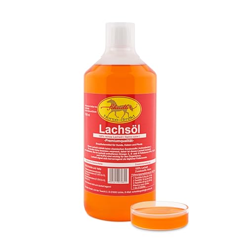Horse-Direkt Premium Lachsöl 1 Liter Für Hunde & Katzen - Kaltgepresst Ohne Zusatz, Fischöl Mit Omega 3 und Omega 6 Fettsäuren, Barf Öl Ergänzung, Gesundes Naturprodukt