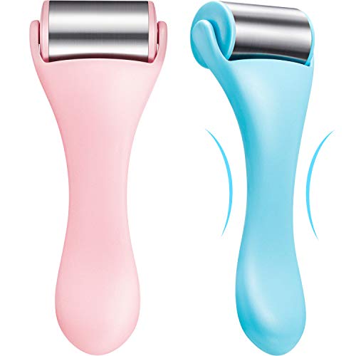 2 Pieces Ice Roller Stainless Steel Facial Roller Skin Cooling Massage Roller Portable Beauty Tool for Face, Eye, Puffiness, Eye Bags, Redness, Skin Tightening (Pink, Blue)