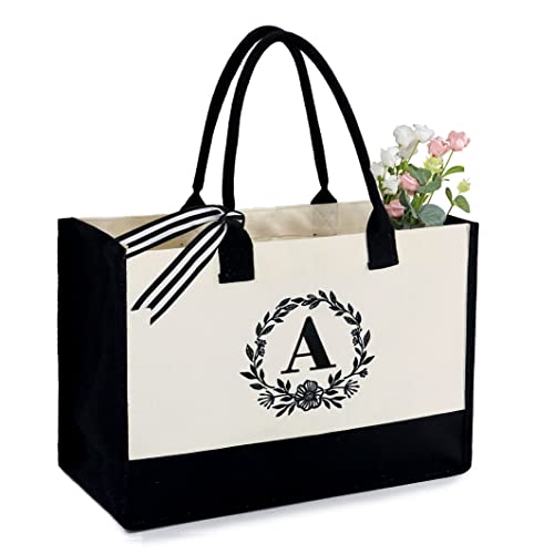 Huan Sac fourre-tout en toile avec initiale personnalisée - Sac en toile avec fermeture éclair - Sac en toile pratique pour femmes, mamans, enseignants, amis, demoiselles d'honneur, a Cover