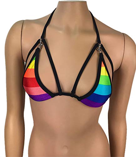 Rainbow Triangle Bikini Top LGBT Pride Parade Rave Outfits Skimpy Strappy String Adjustable Swimwear Cage Bikini Bra with Connector Handmade