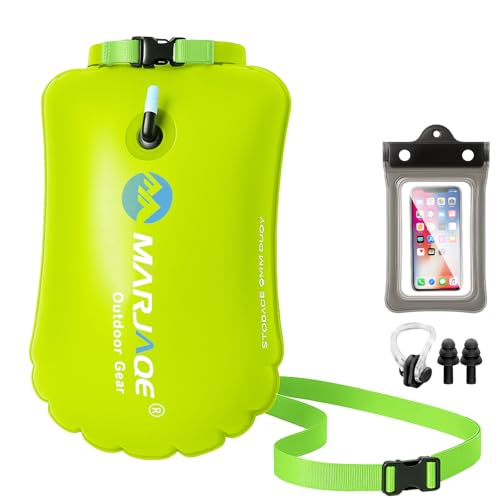 2 en 1 Bolla Natación y Mochila Estanca, 20L Boya Natacion Aguas Abiertas, Boya Hinchable con Funda Impermeable para Móvil, Pinzas para Nariz y Tapones para Oídos, para Kayak, Triatlón, Surf (Verde)