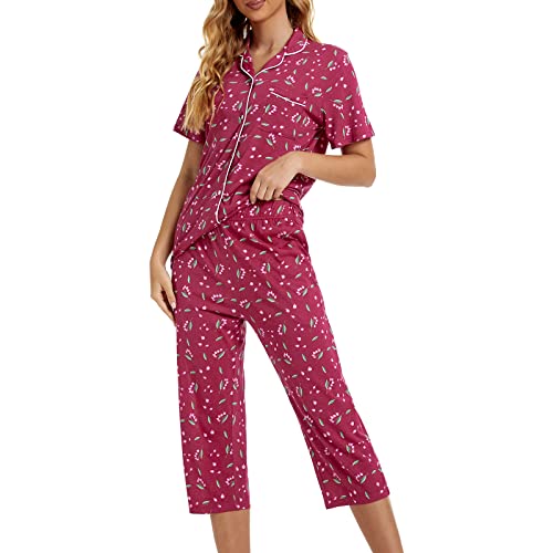 Image of Tugege Capri Pajamas Set Womens Button Down Short Sleeve Lounge Sets Sleepwear Notch Collar Top & Capri 2 Piece PJ Sets