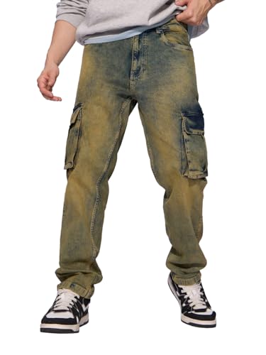 Image of The Souled Store Denim: Washed Green Men and Boys Buttoned Cotton Blend Straight Fit Cargo Jeans