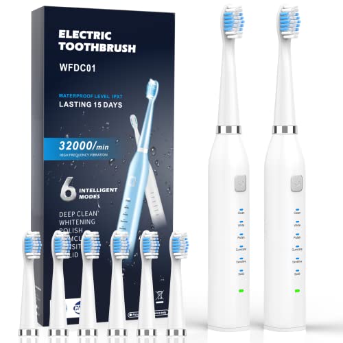 2pcs Electric Toothbrush, Adult Rechargeable Toothbrush, 6 Optional Modes and 2-Minute Built-in Timer, Waterproof Function, USB Fast Charging (White)
