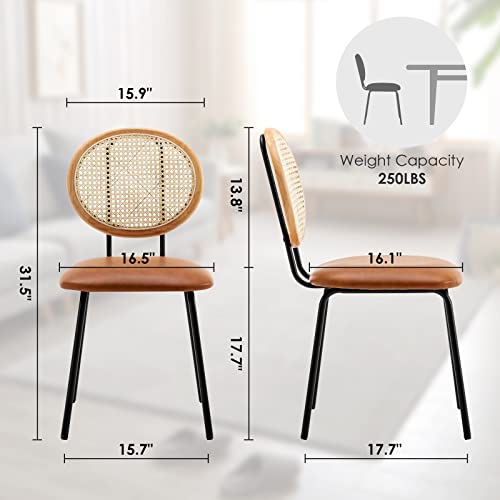 Jaxsen Faux Leather Indoor Kitchen Dining Chairs Set Of 4 With Rattan Backrest,Modern Industrial Upholstered Chairs Mid Century Metal Dining Chair For Dining Room Wine Coffee Bar Whiskey Brown,18" #TOP1