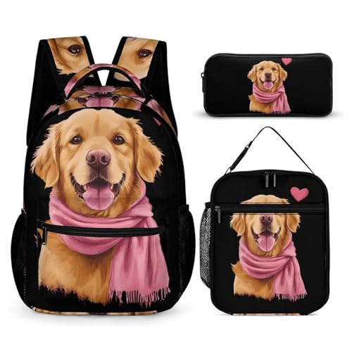 Warm Golden Retriever Dog with A Scarf Backpack Shoulder Bags Lunch Bag Pencil Case Box 3 Set Daypack Cute